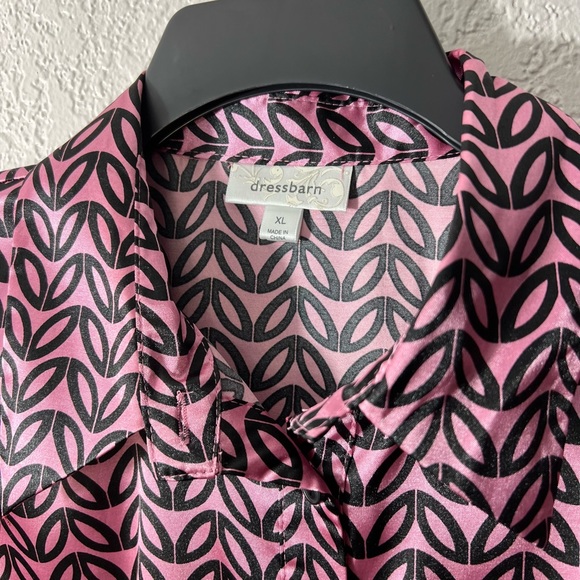 Dress Barn Pink Black Print button up Front tie Short Sleeve Casual Blouse L - Picture 2 of 7